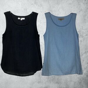 2 Sleeveless Flax Linen Tops Size P Sleeveless Black Blue
